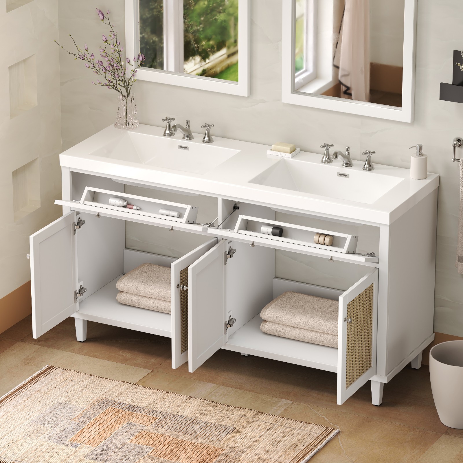 60 Inch Bathroom Vanity with Double Sink,Large Storage Space with 2 Tip-Out Tray