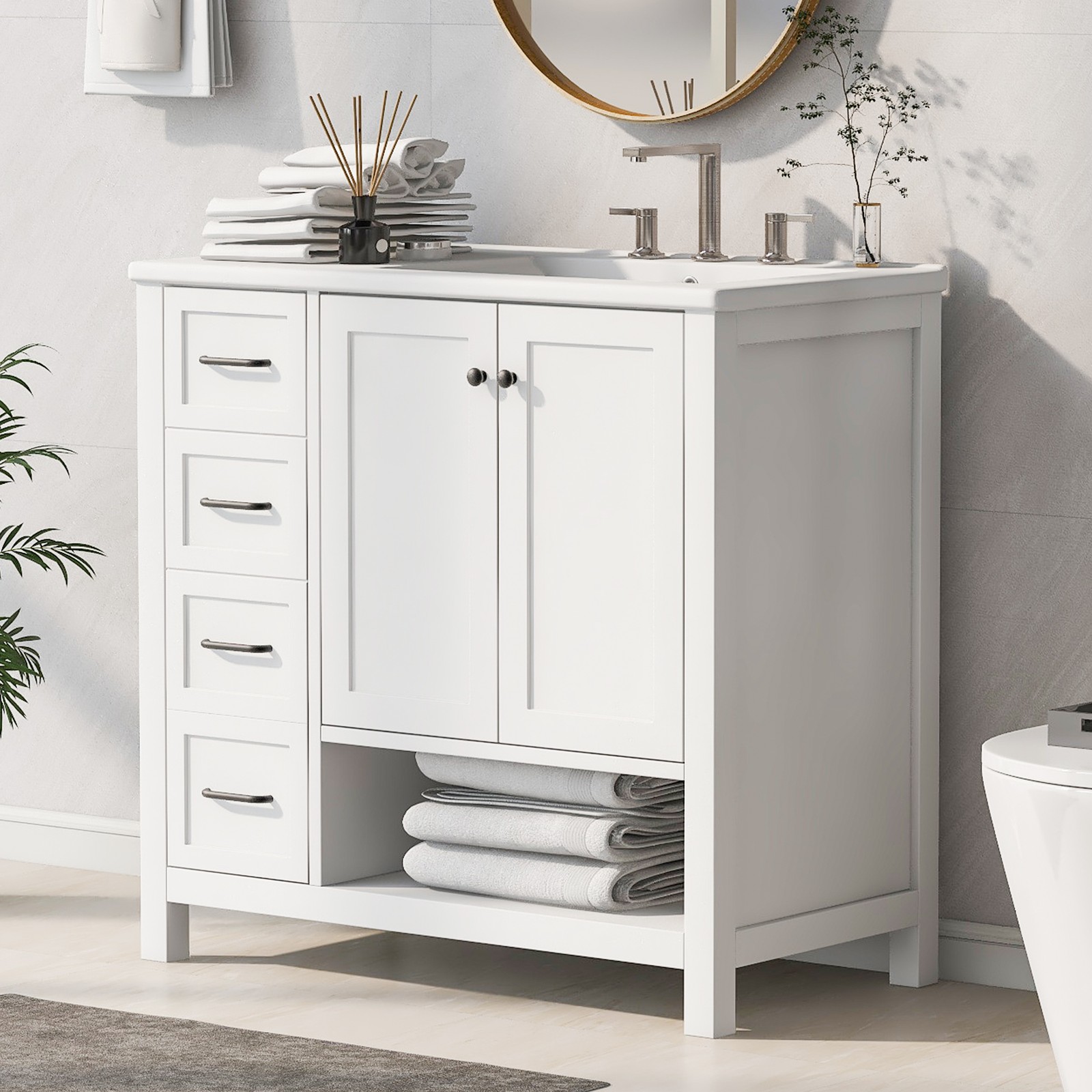 36″ Bathroom Vanity with Ceramic Sink, Modern Storage Cabinet w/Doors & Drawers