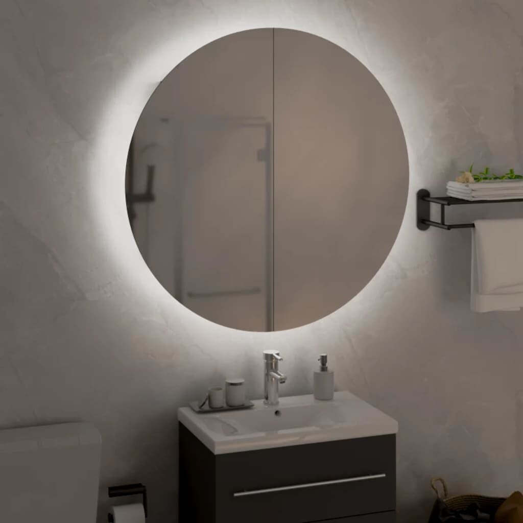 Bathroom Cabinet with Round Mirror&LED White 21.3″x21.3″x6.9″