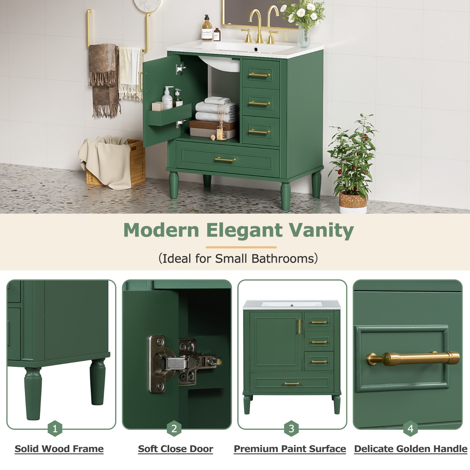 30″Green Floor Standing Single Sink Bathroom Vanity Cabinet Three Drawers Storag