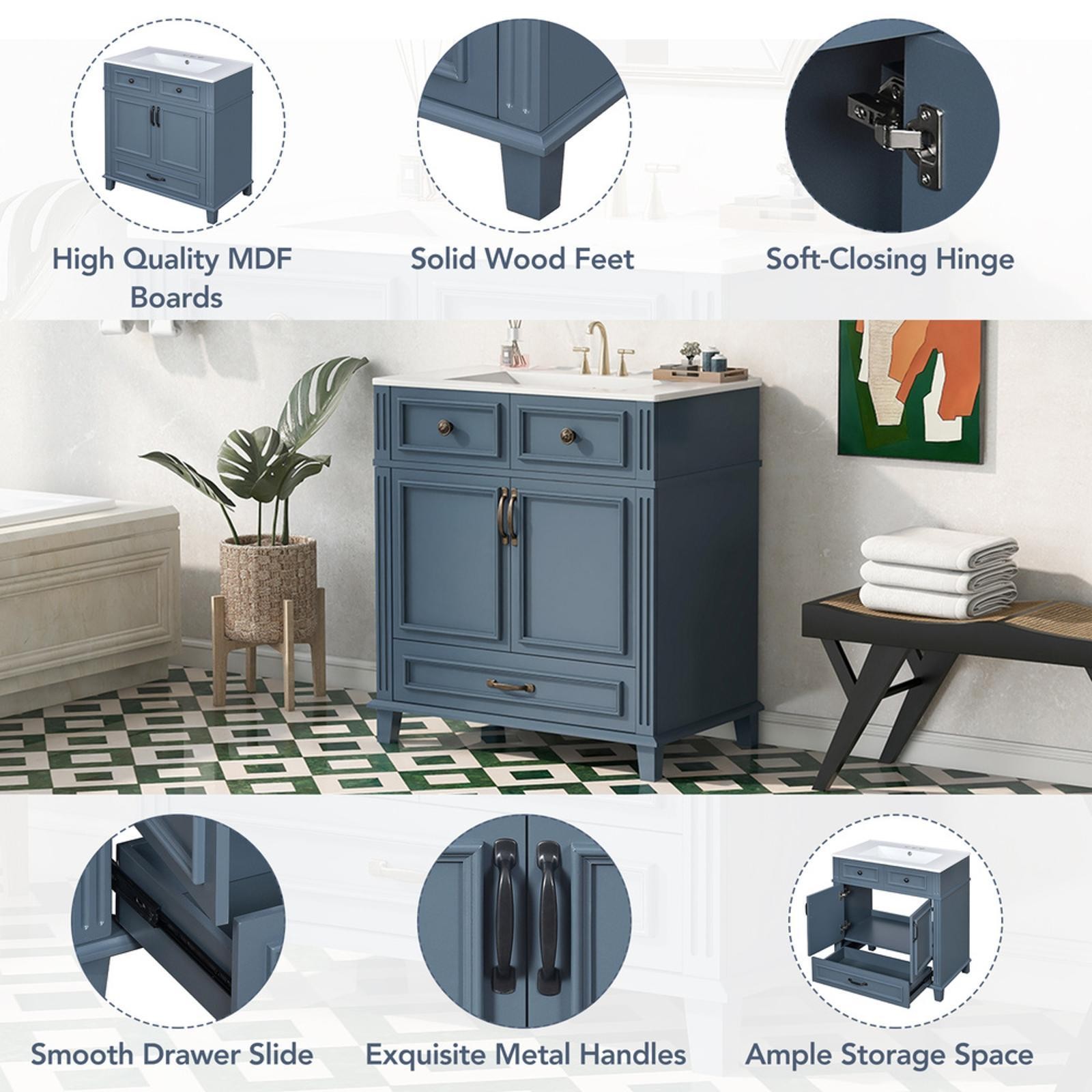 30” Bathroom Vanity in Retro Blue, Solid Wood Frame & Ceramic Sink, Ample