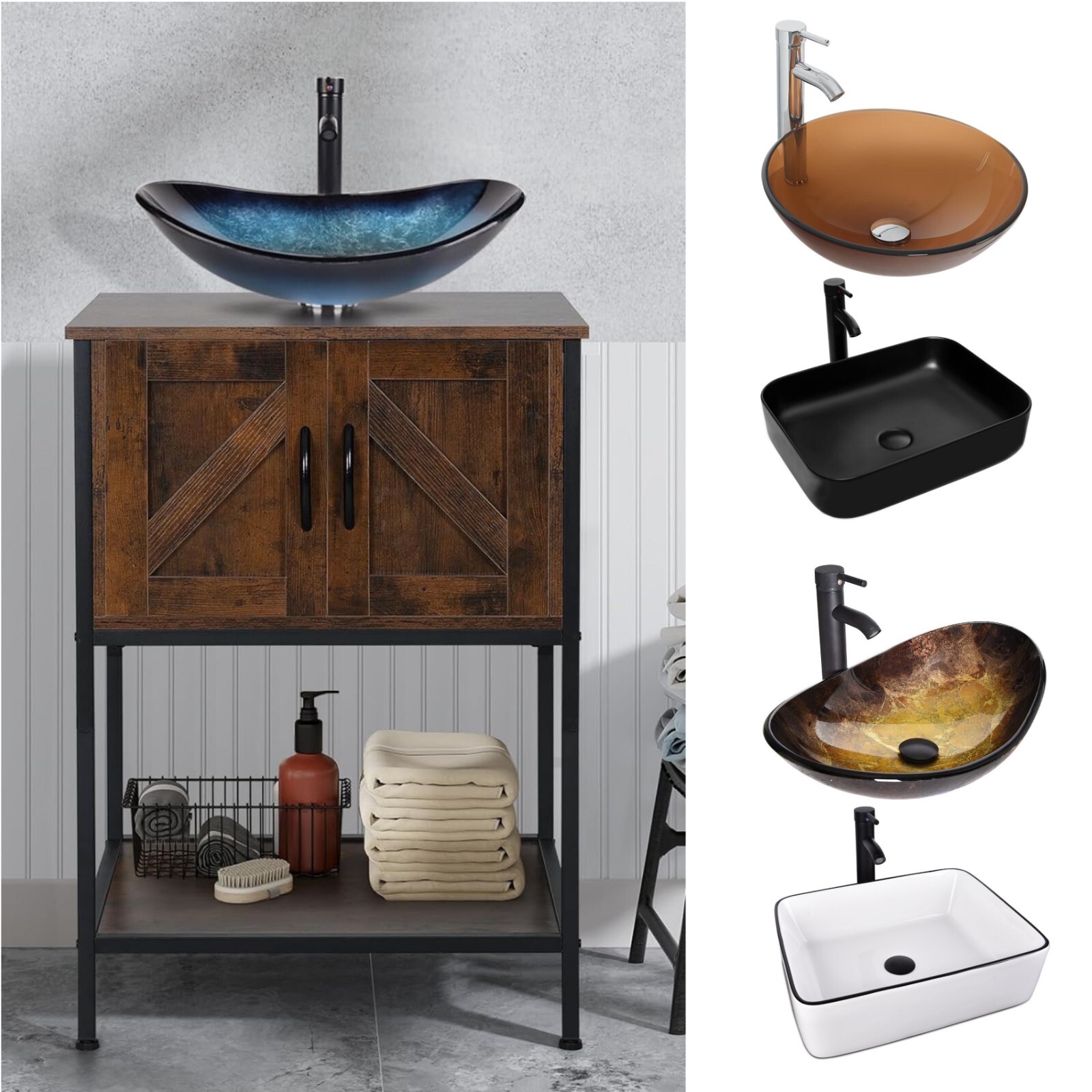 24 in Bathroom Vanity with Vessel Sink Dark Brown Storage Cabinet Faucet Drain