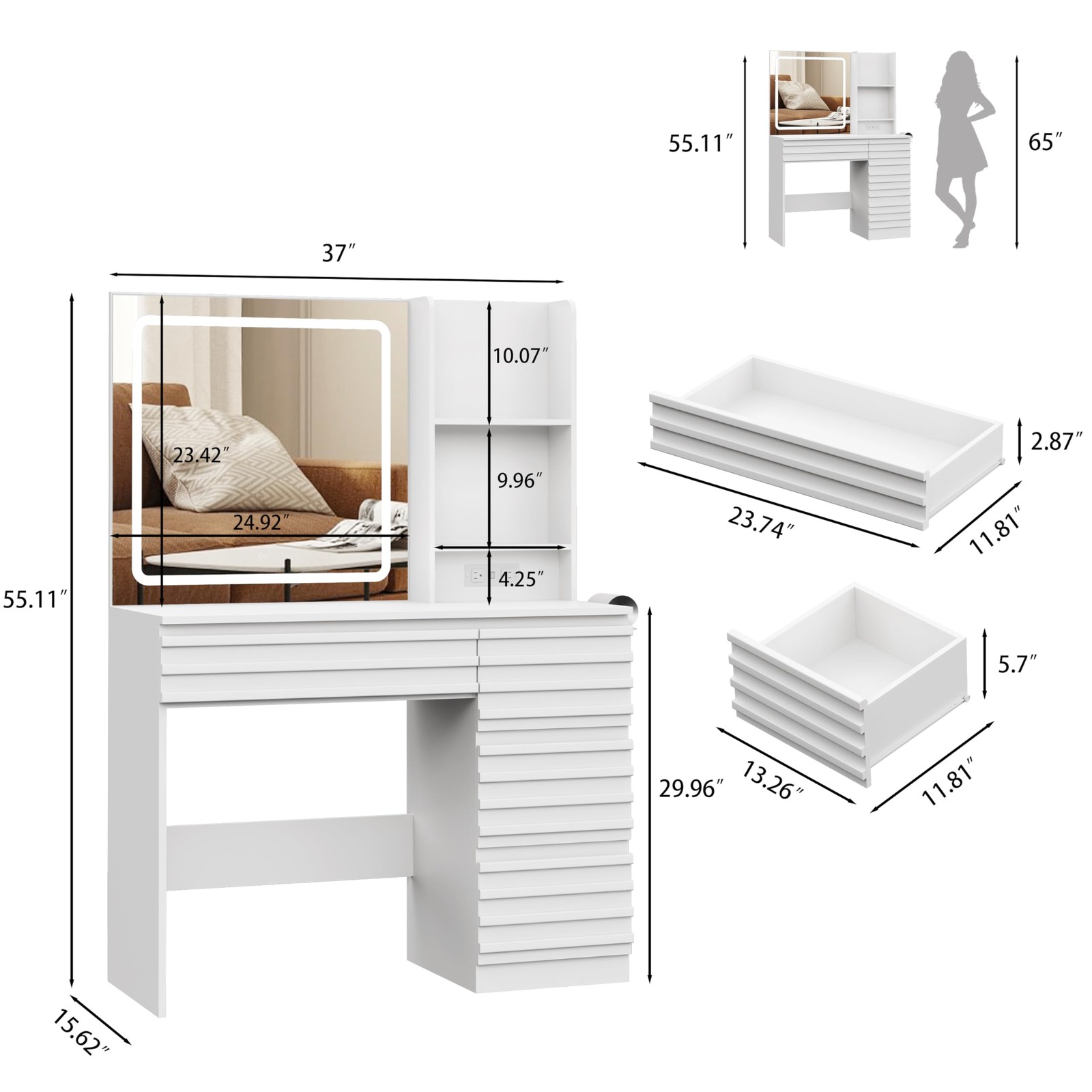 White Makeup Vanity Desk with LED Lighted Mirror 4 Drawers Power Outlet