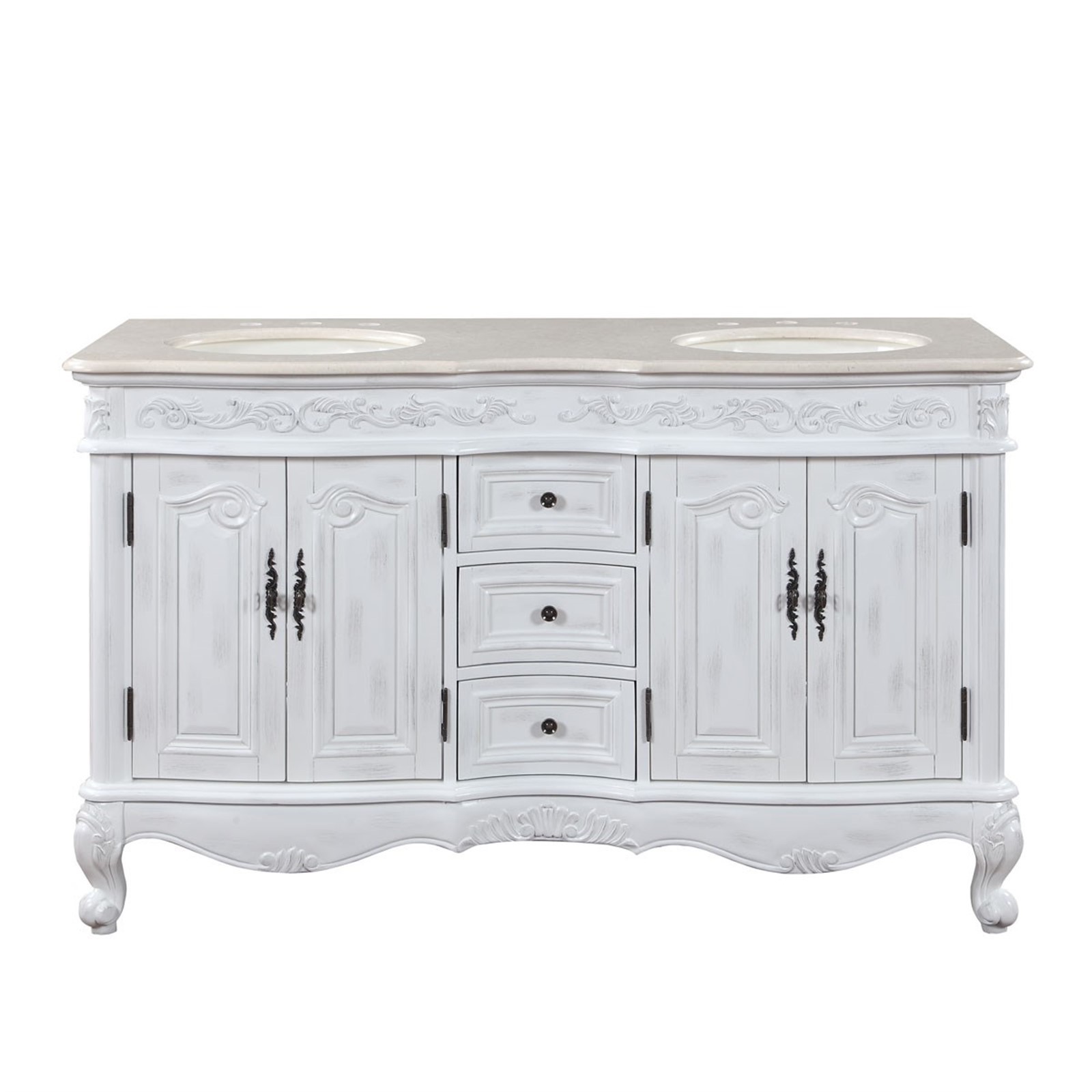 58″ Lavatory Double Sink Bathroom Vanity Cabinet Crema Marfil Marble Top 145CM