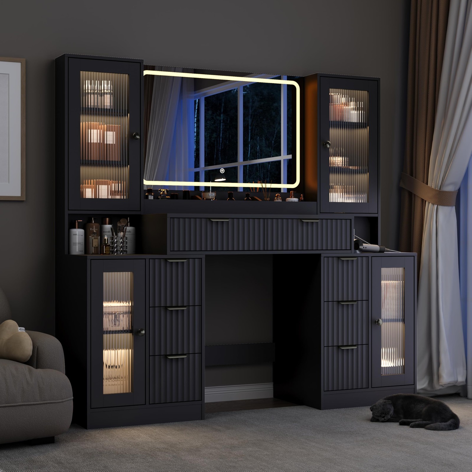 55 Vanity Desk with Mirror Lights 8 Drawers Tempered Glass RGB Charging Station