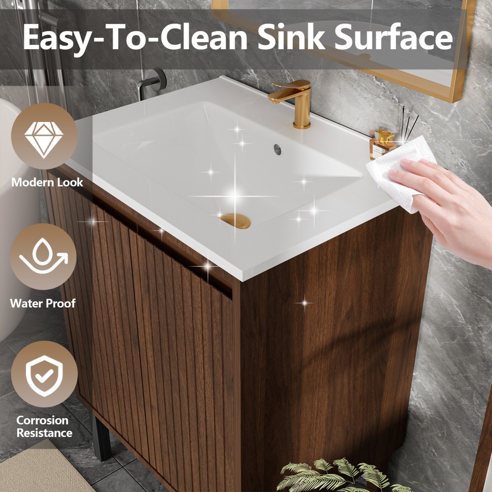 24″ Floor-Standing Bathroom Vanity – White Sink Soft-Closing Drawers Oak Finish