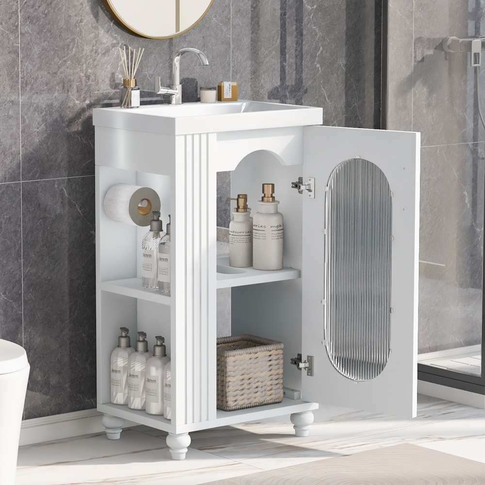 Bathroom Vanity W Sink Adjustable Double Shelves Solid Wood and MDF Construction