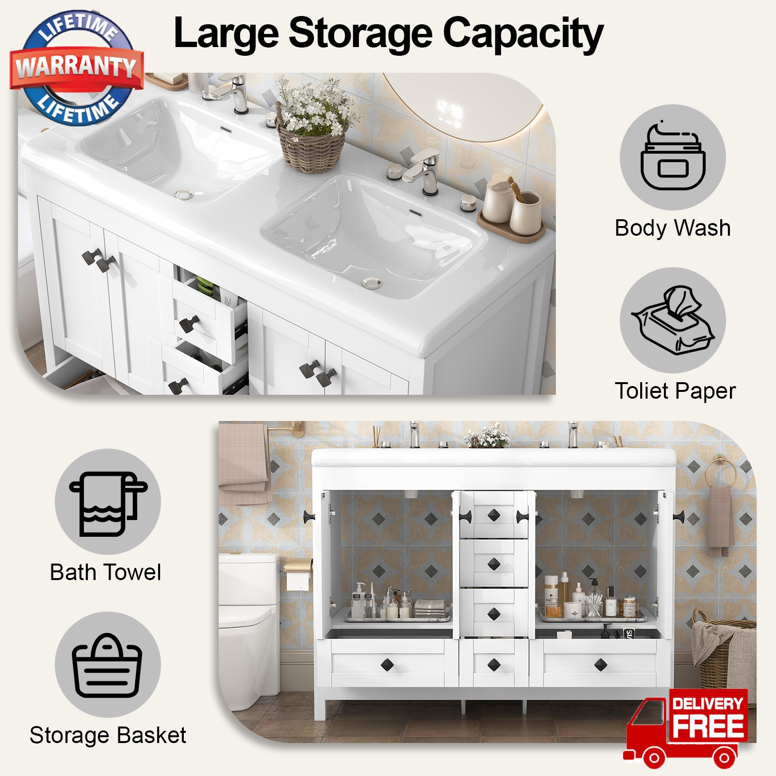 46″ Bathroom Vanity with Ceramic Sink Freestanding Storage Cabinet w/ 5 Drawers