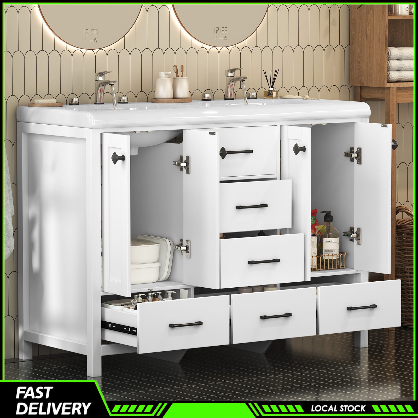 47.3 Inch Bathroom Vanity with Storage Double Ceramic Sinks Freestanding Cabinet