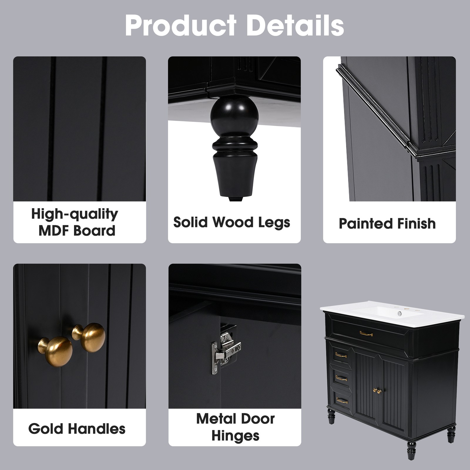 36″ Bathroom Vanity with Sink & Drawers, Black, Solid Wood Frame & MDF