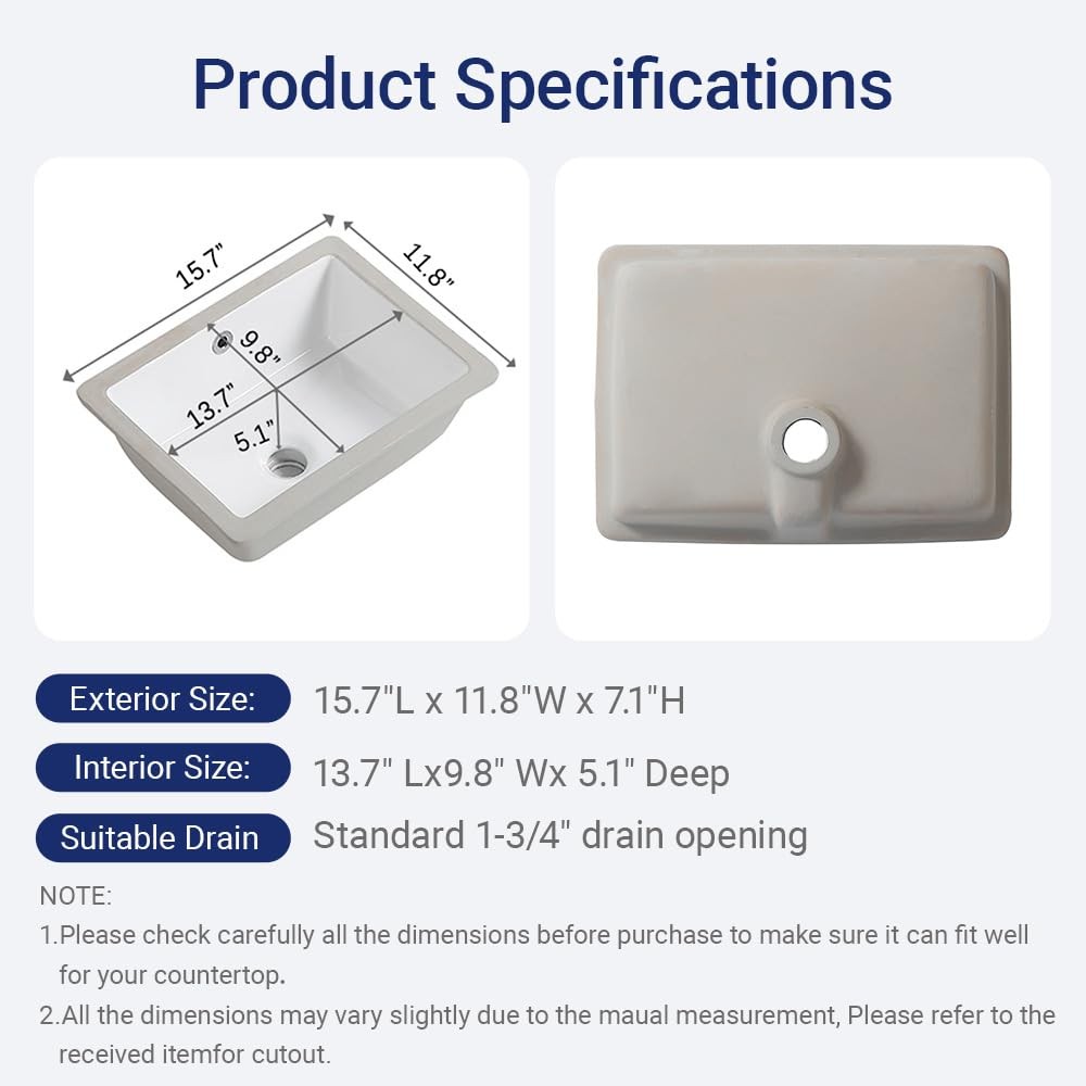 16in Undermount Bathroom Sink Rectangular, 15.7″ x11.8″ Small Vessel Sink Rec…