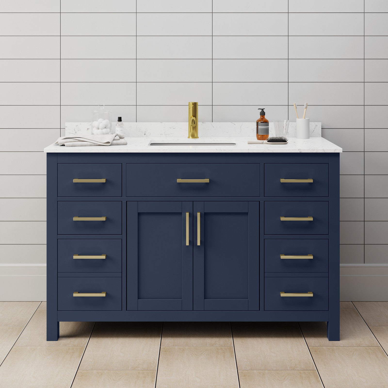 Wyndham Collection WCG242454S-UNSMXX Beckett 54″ – Dark Blue / Carrara Cultured