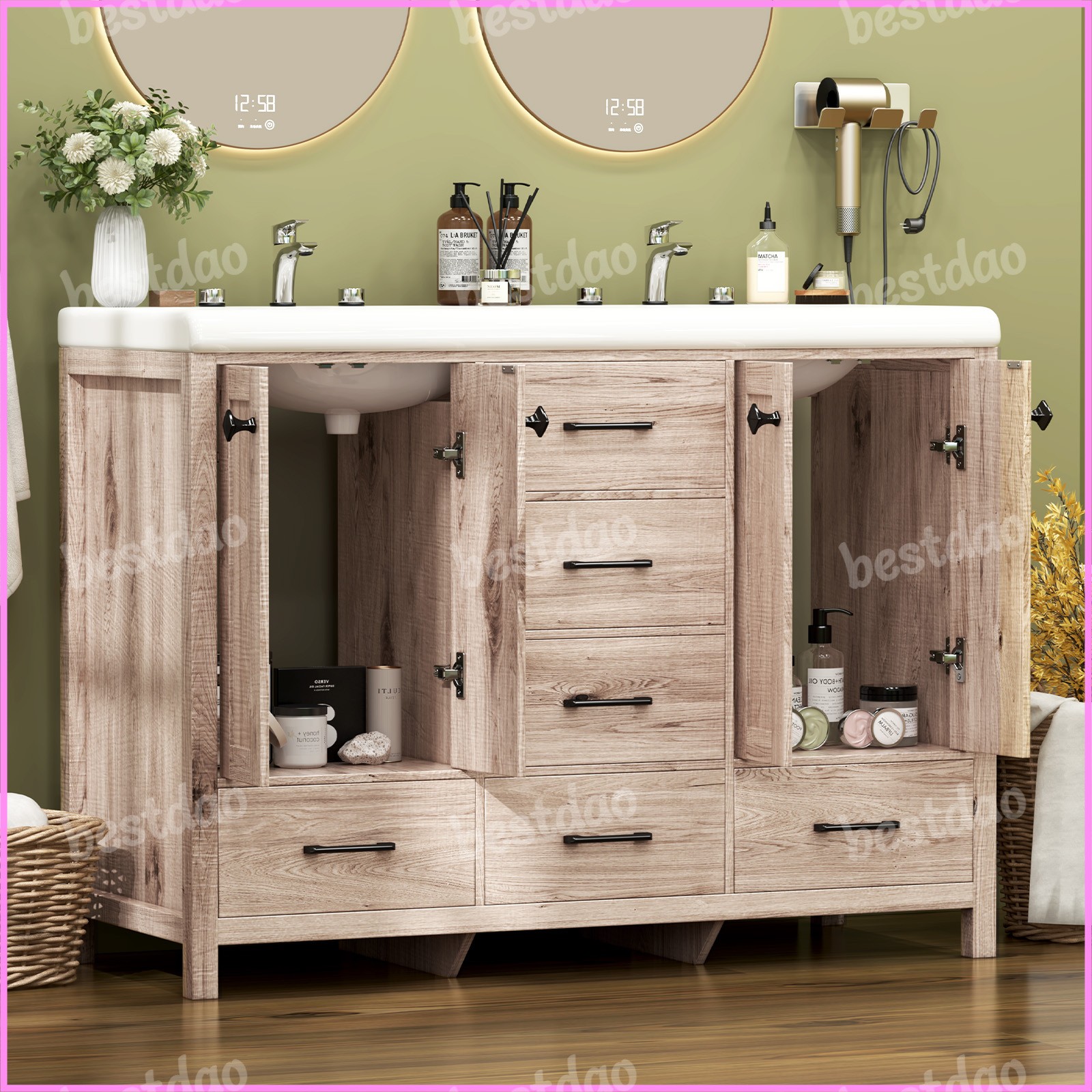 47″ Freestanding Bathroom Cabinet with Double Sink Black Vanity w/ Ceramic Sink