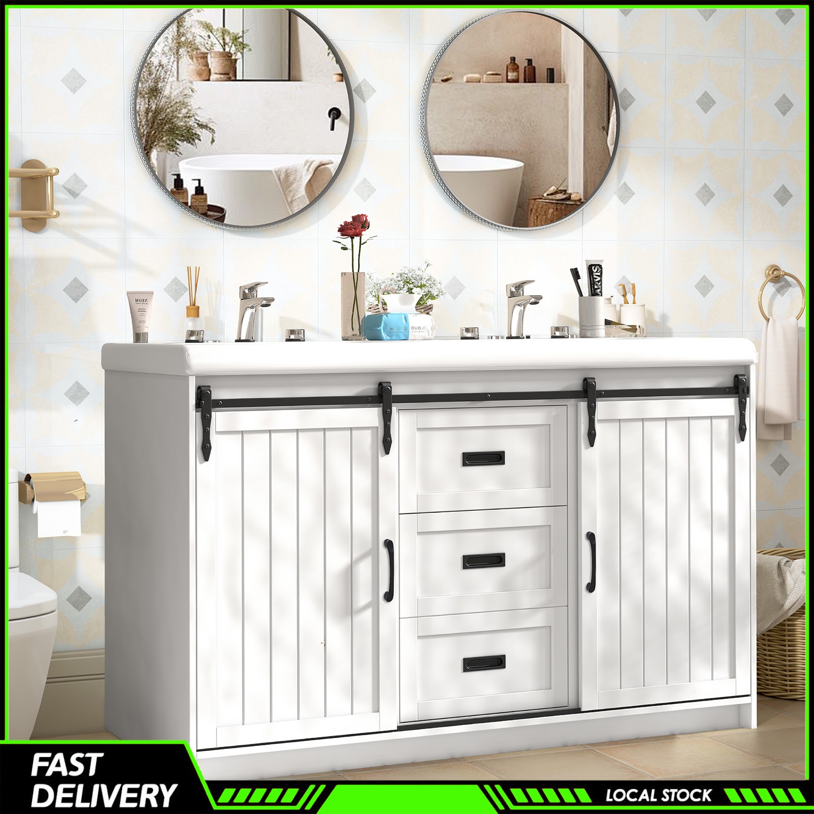 Modern 47″ White Bathroom Vanity Double Ceramic Sinks 2 Drawers 2 Sliding Doors