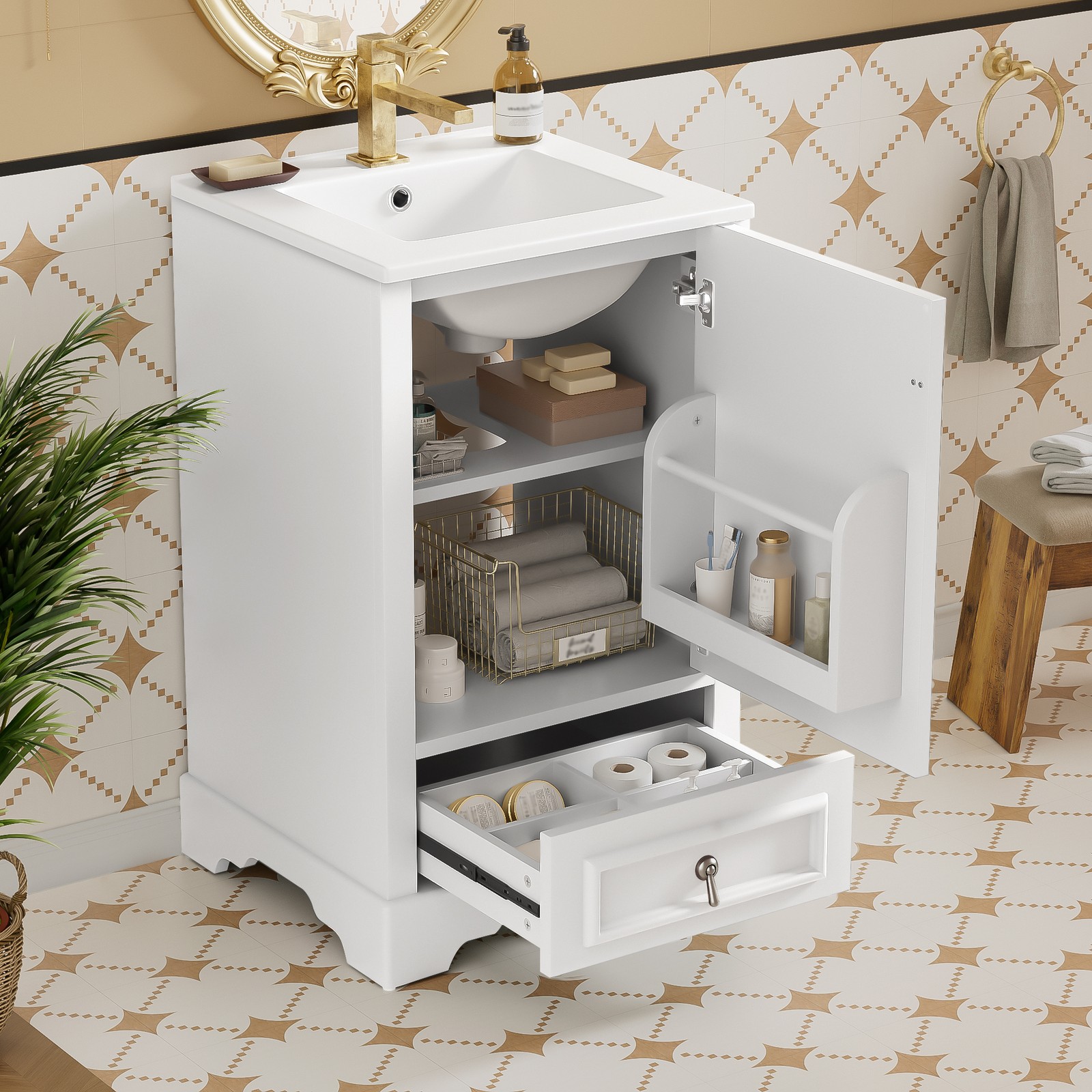 20″ Bathroom Vanity with Ceramic Sink Modern Storage Cabinet w/Soft Close Door