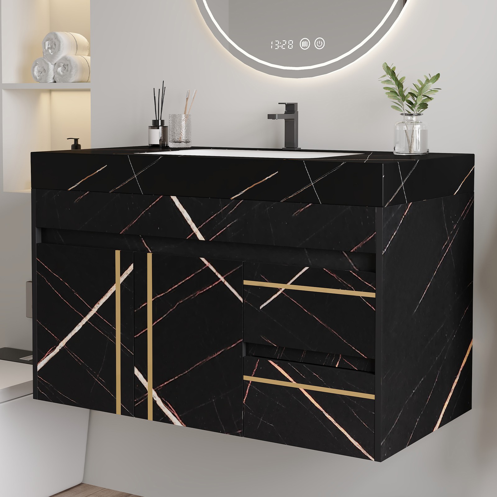 35.2 in Floating Bathroom Vanity with Sink and Faux Marble Top