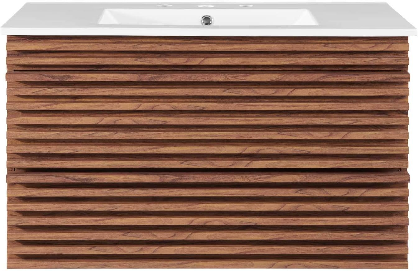 Elegant 36″ Walnut & White Wall-Mount Bathroom Vanity for Modern Spaces