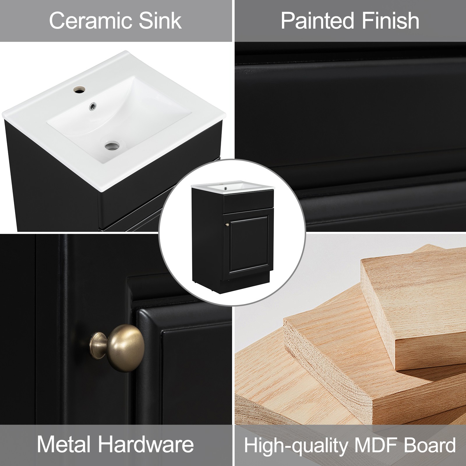20″ Bathroom Vanity with Ceramic Sink, Black MDF Cabinet