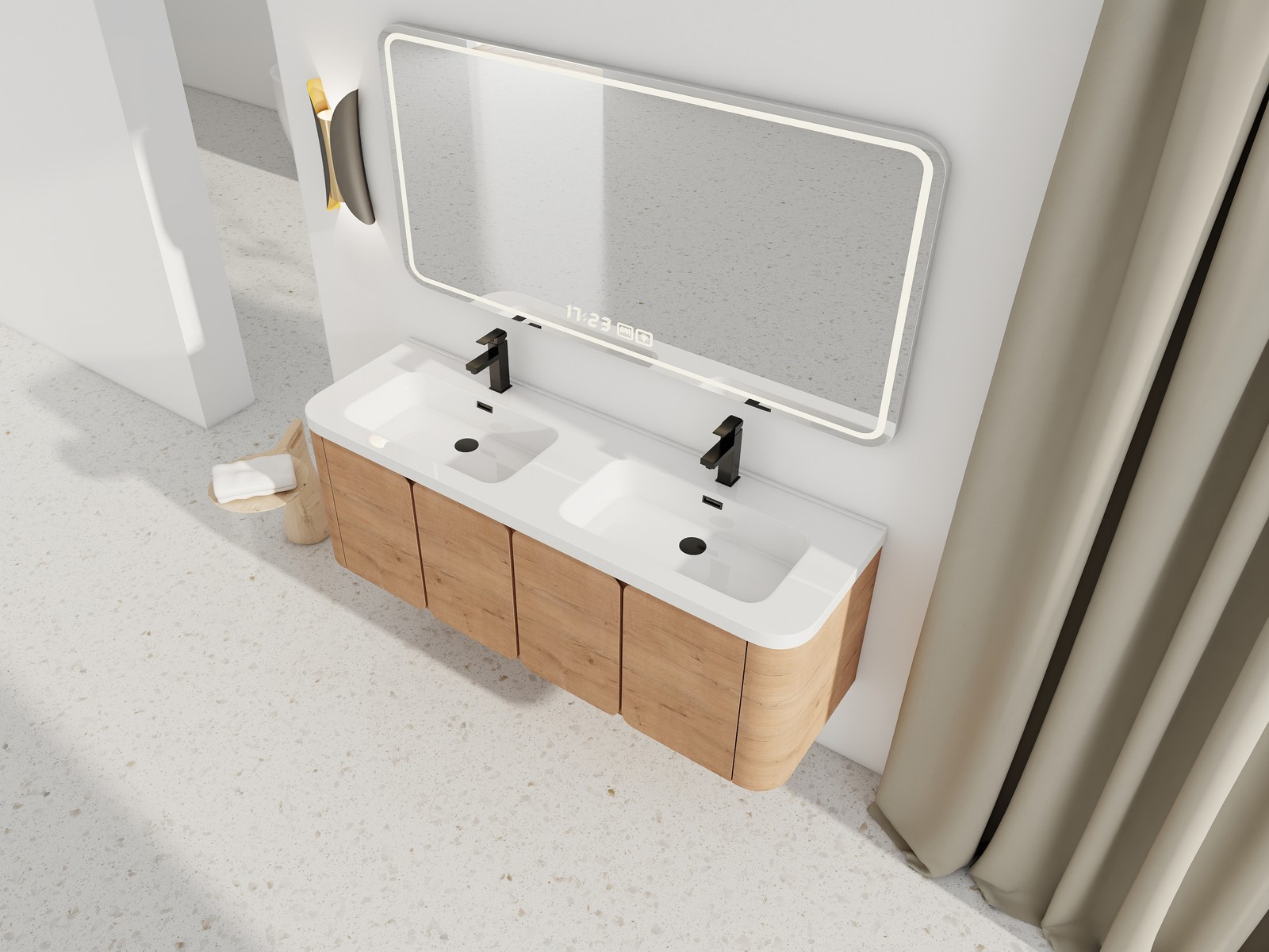 60″ Plywood Floating Wall-Mounted Bathroom Vanity With Double Resin Sink 4 Doors