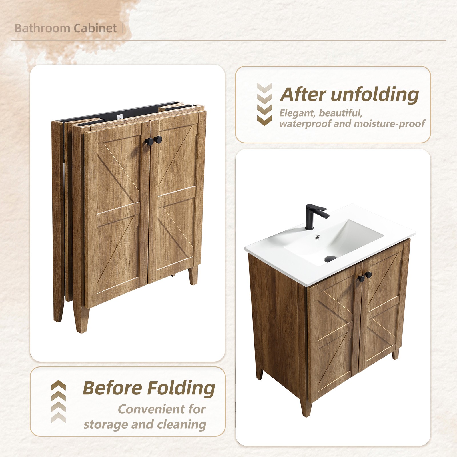 30″ Golden Oak Folding Floor Cabinet With Ceramic Sink Modern Storage Cabinet