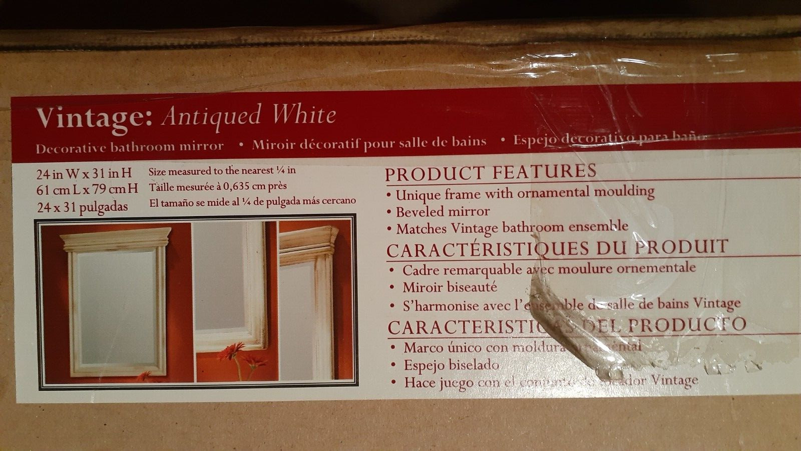 NIB: Decorative Antique-White Finish Bathroom Vanity or Hallway Mirror (24″x31″)