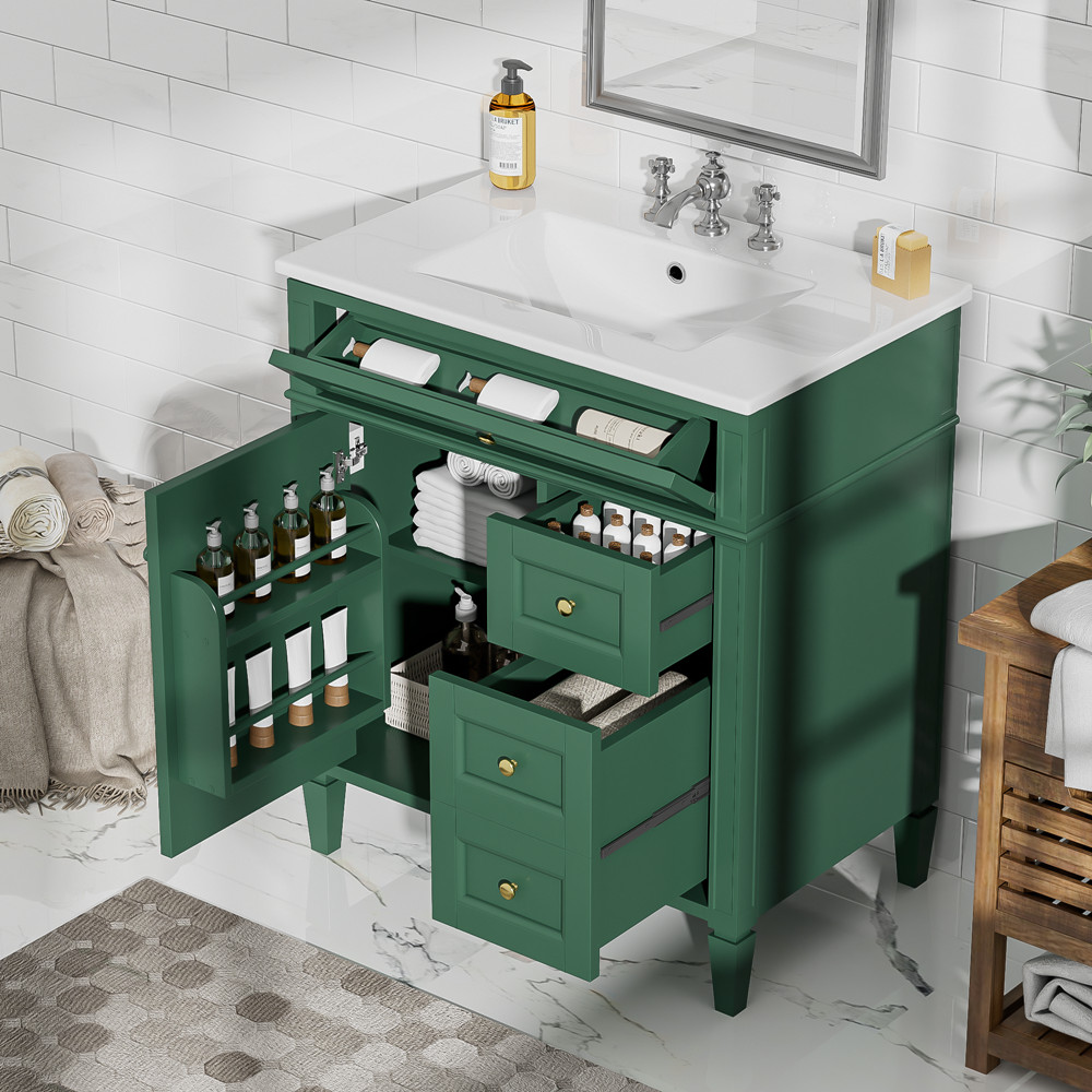 30″ Bathroom Vanity w/Sink, 3 Drawers, Freestanding Bath Vanity Storage Cabinet