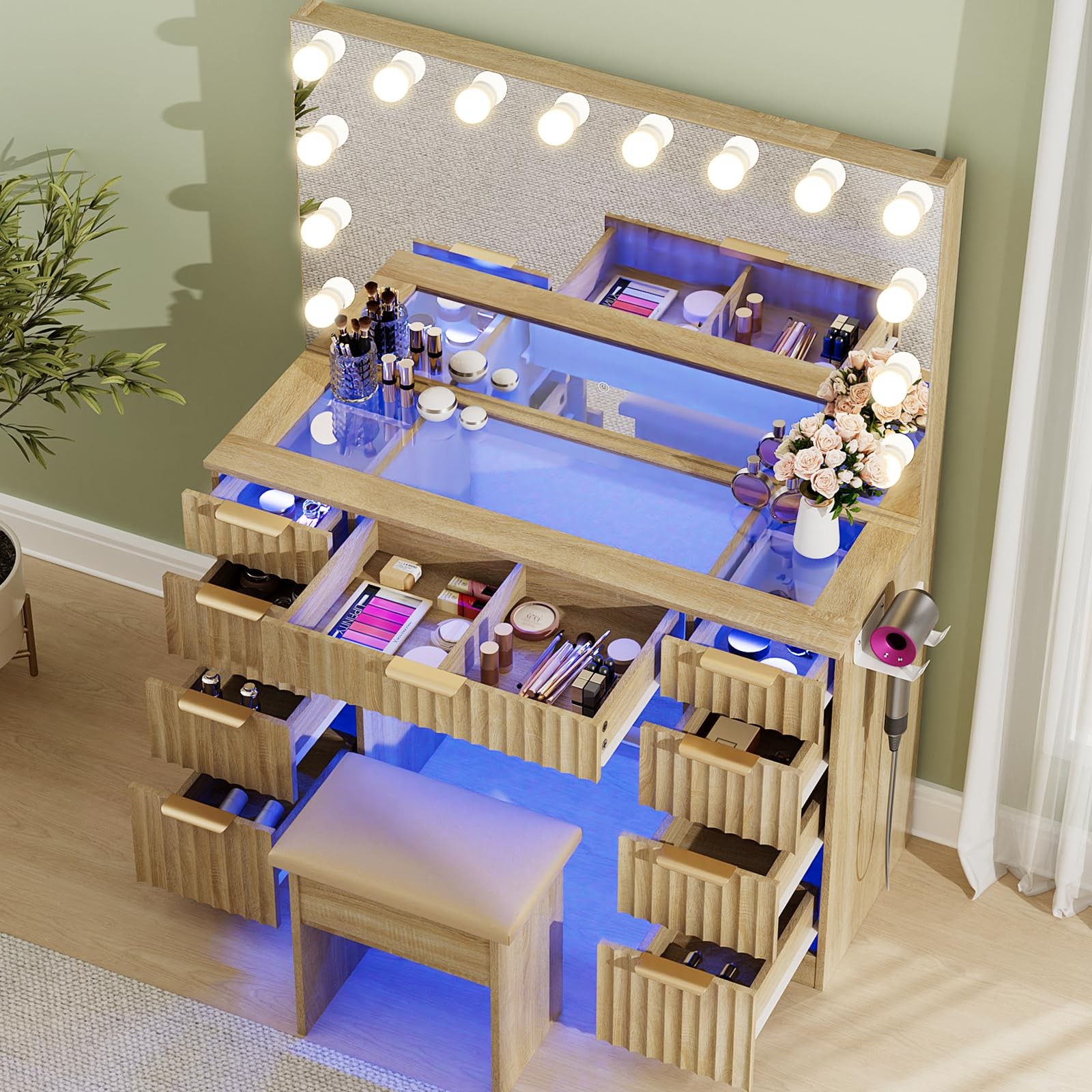 43 Oak Makeup Vanity LED Mirror 3 Color Dimmable Glass Top RGB Drawers