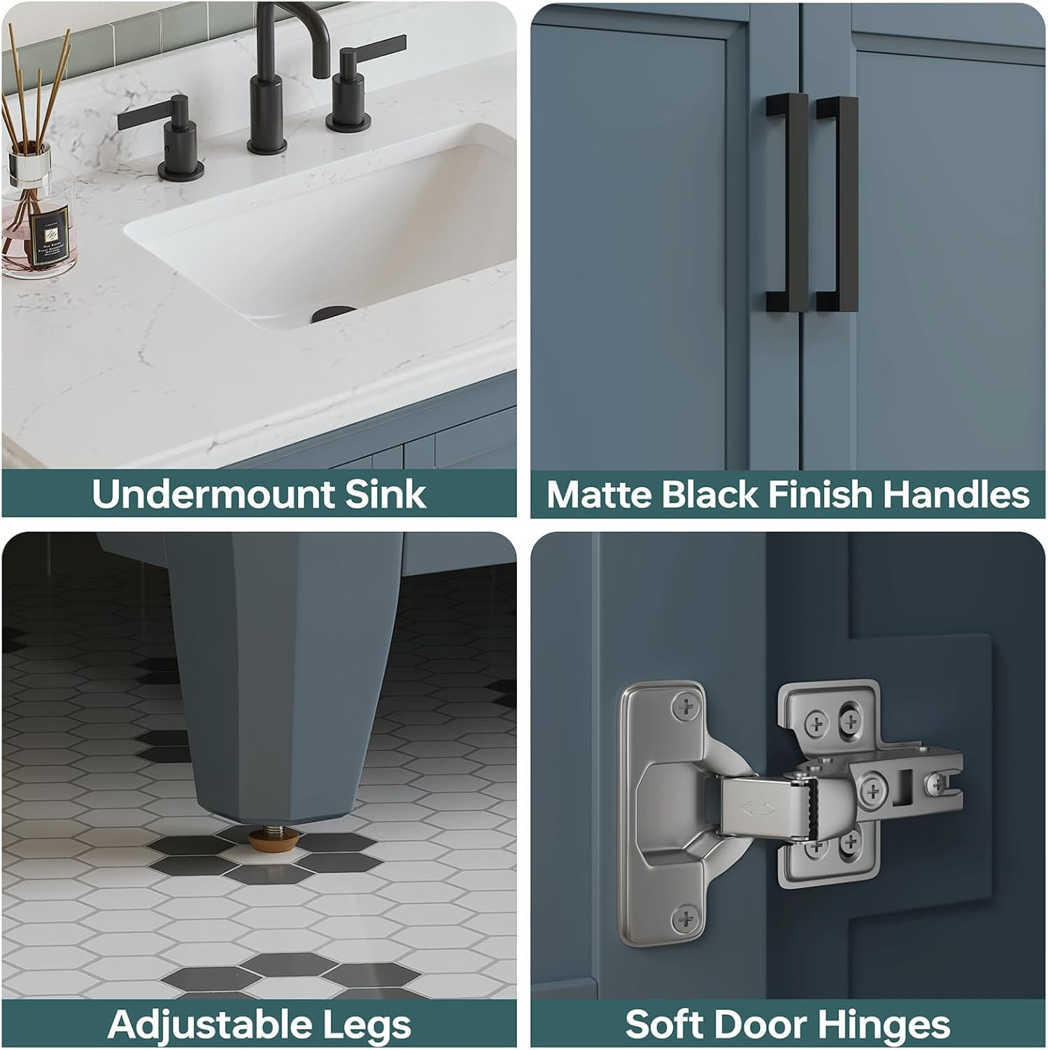 42″ Steel Blue Bathroom Vanity with Sink, Soft Close Doors & Quartz Top