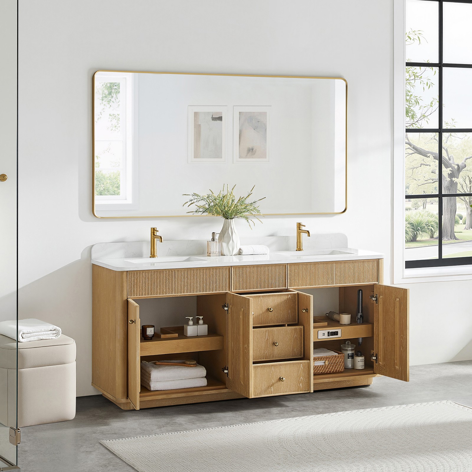 Zogno 72″ Solid Wood Double Bath Vanity in Washed Ash Gray with White Stone Top