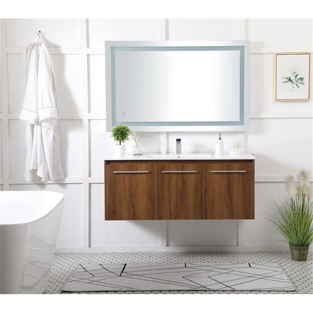 Pemberly Row 48″ Single Porcelain Top Floating Bathroom Vanity in Walnut