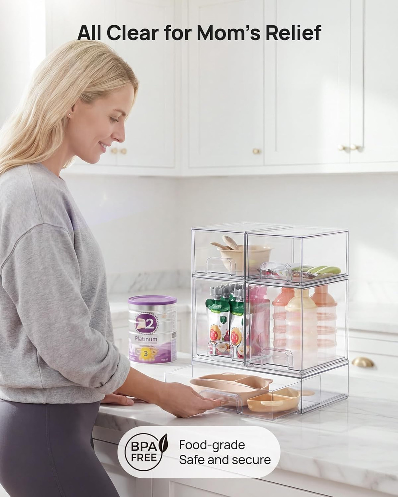 Stackable Storage Drawers Set of 5 Clear Plastic Organizer Bins for Bathroom