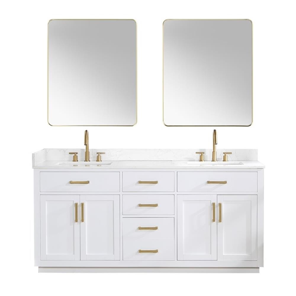 Gavino 72″ Wood Vanity in White with Grain White Composite Stone Top and Mirror