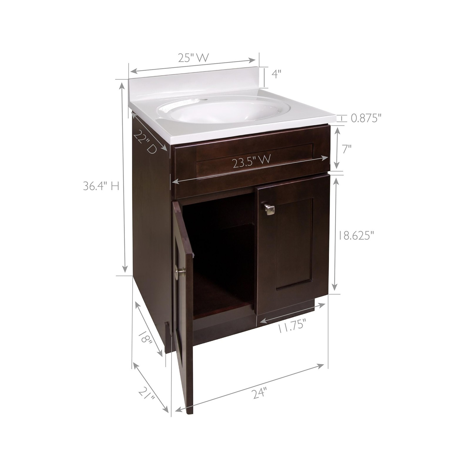Brookings Vanity in Espresso w/ White Marble Top Fully Assembled 25″