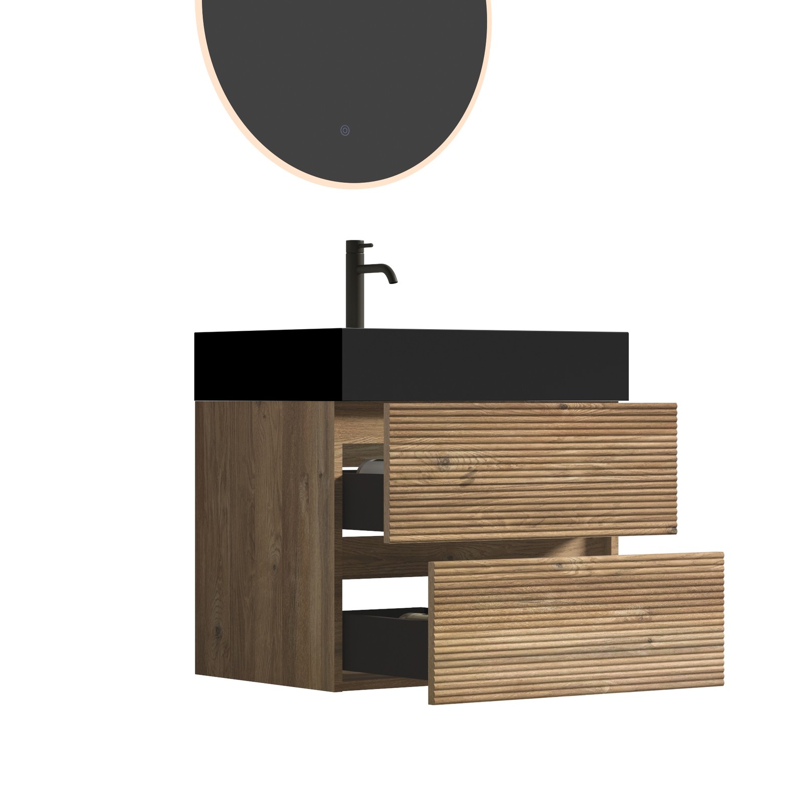 24″ Rough Oak Floating Bathroom Vanity with Black Sink & Drawers