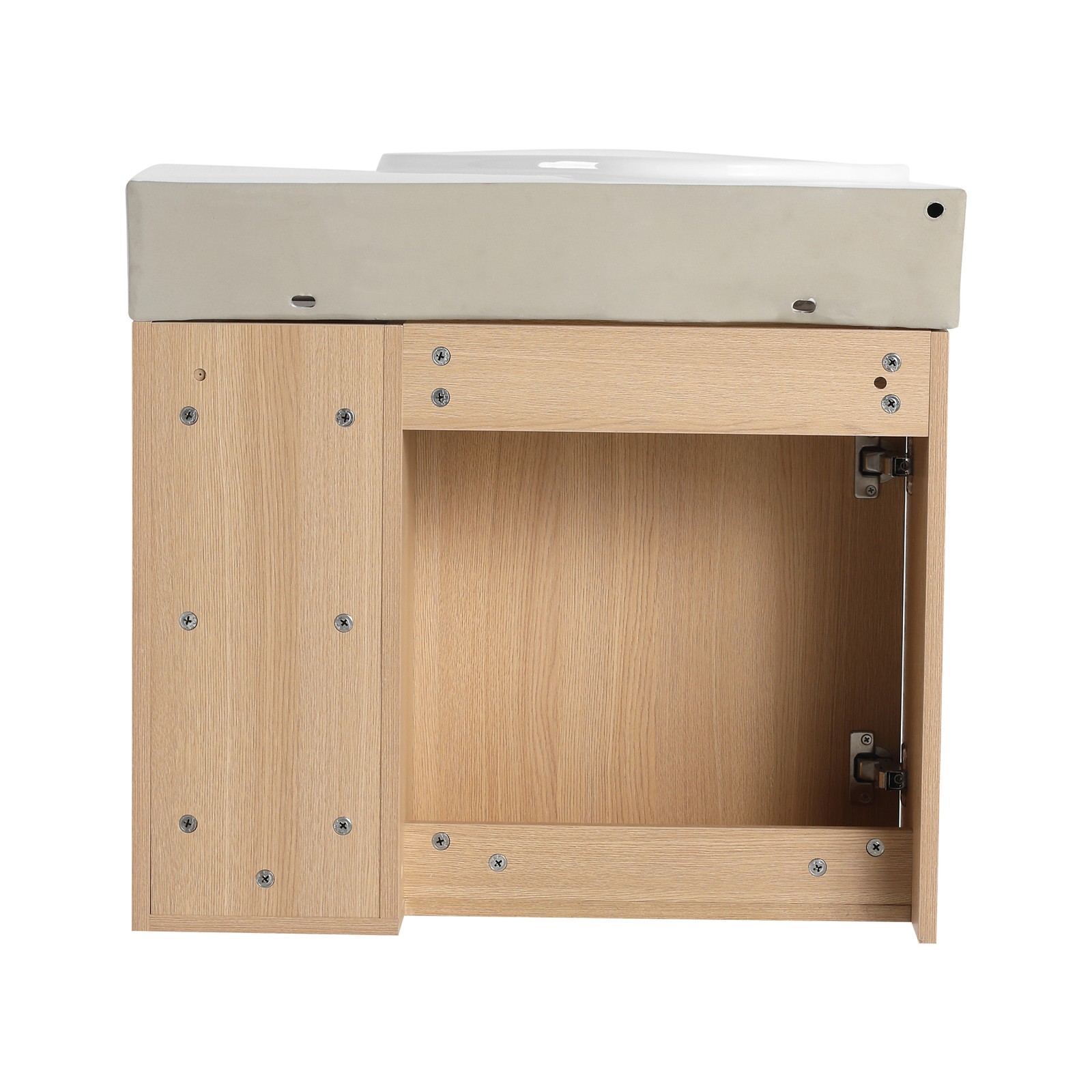 26in Plywood Wall-Mounted Bathroom Vanity W/ Ceramic Sink Basin Door Shelf Oak