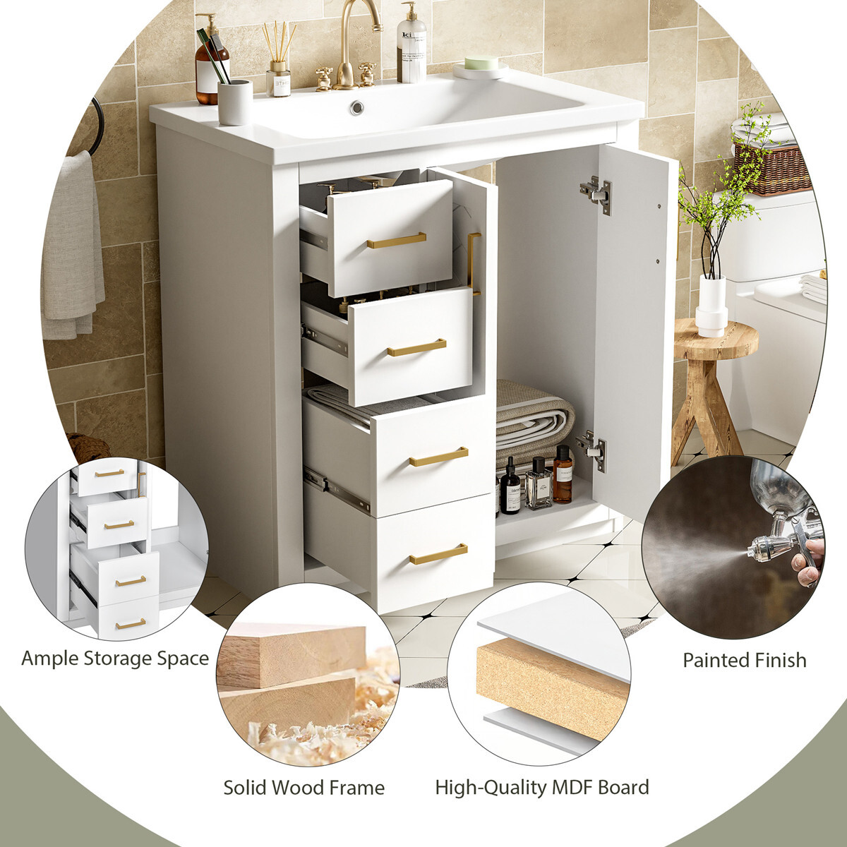 30″ Bathroom Vanity with Sink, Freestanding Vanity Cabinet, 2 Doors 3 Drawers