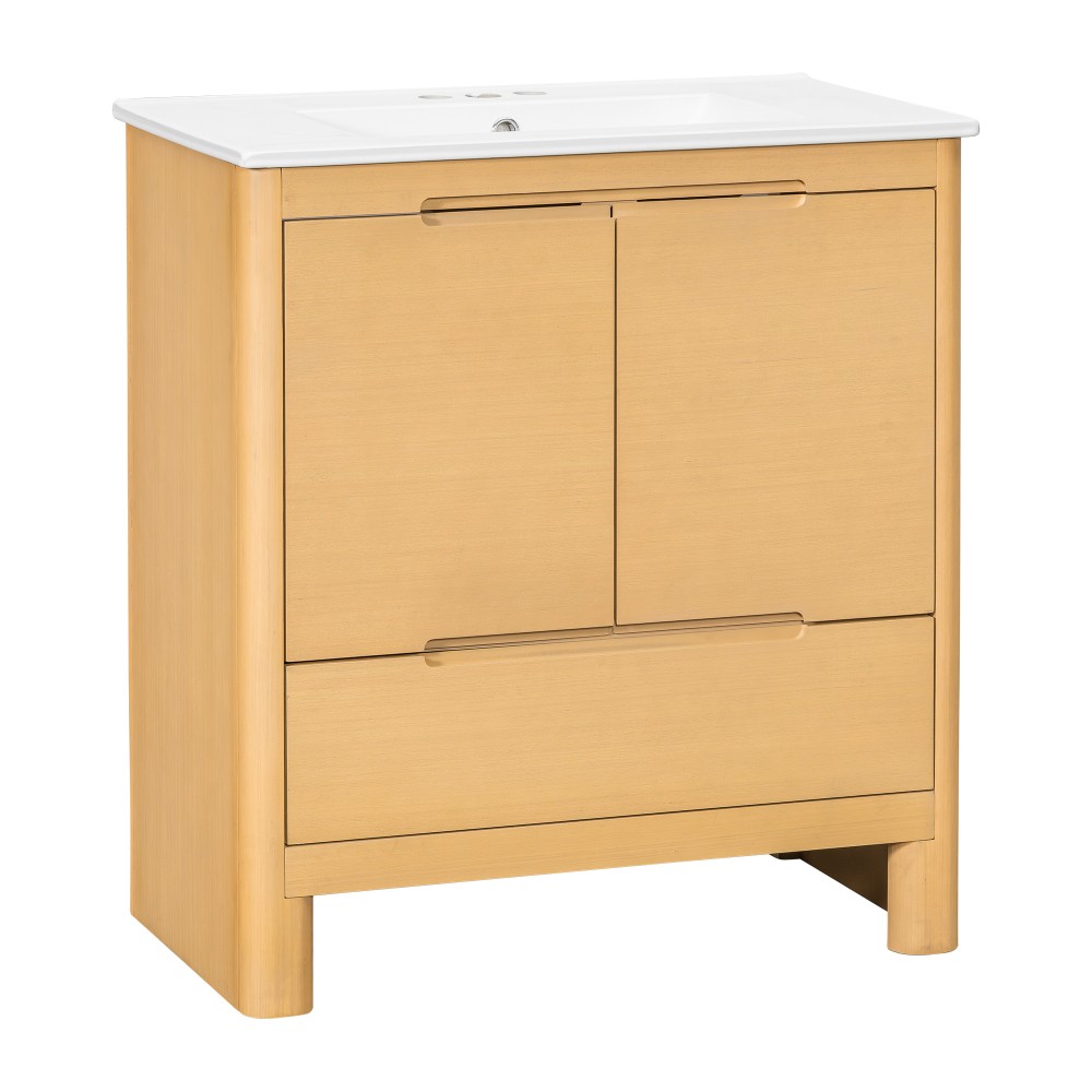 30″ Softened Modern Bathroom Vanity with Ceramic Sink, Natural Wood Grain