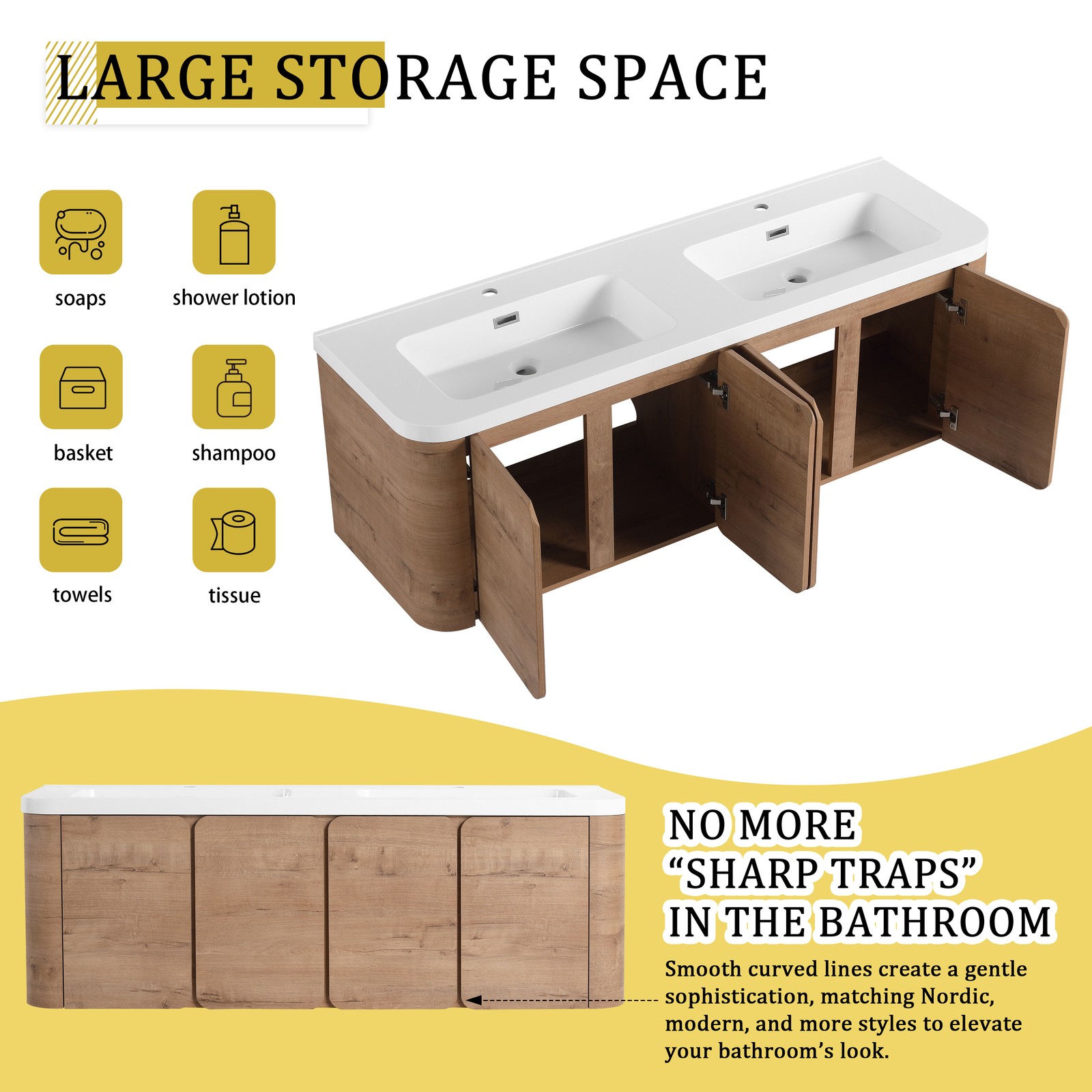 60″ Plywood Floating Wall-Mounted Bathroom Vanity With Double Resin Sink 4 Doors