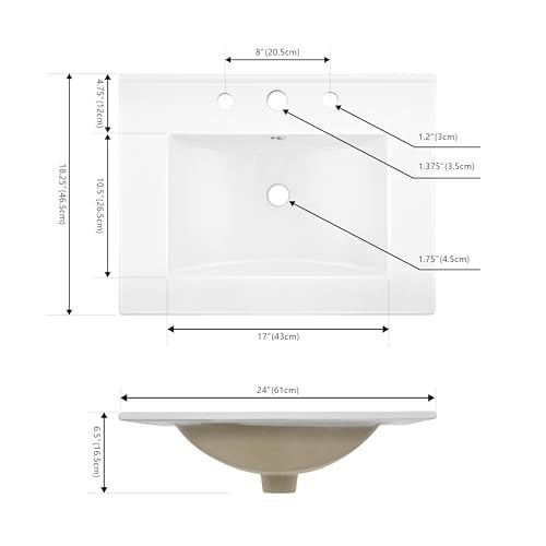 Classic Contemporary 24″ Rectangular Ceramic Sink Basin Vanity Top – 3-Hole, Whi
