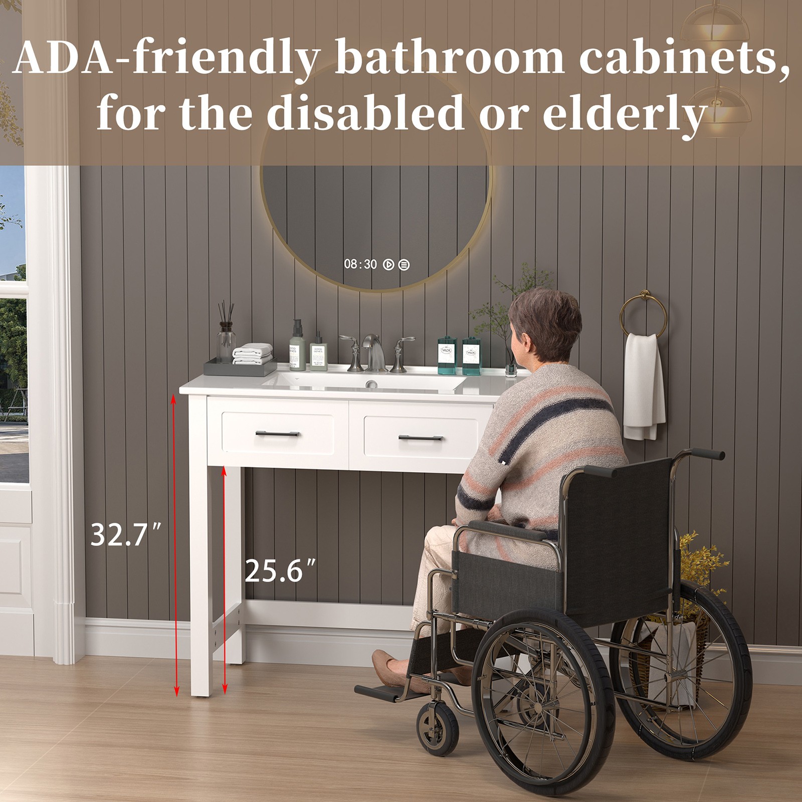36″ ADA Compliant Bathroom Vanity w/ a Tip-out Drawer & Ceramic Sink for Elderly