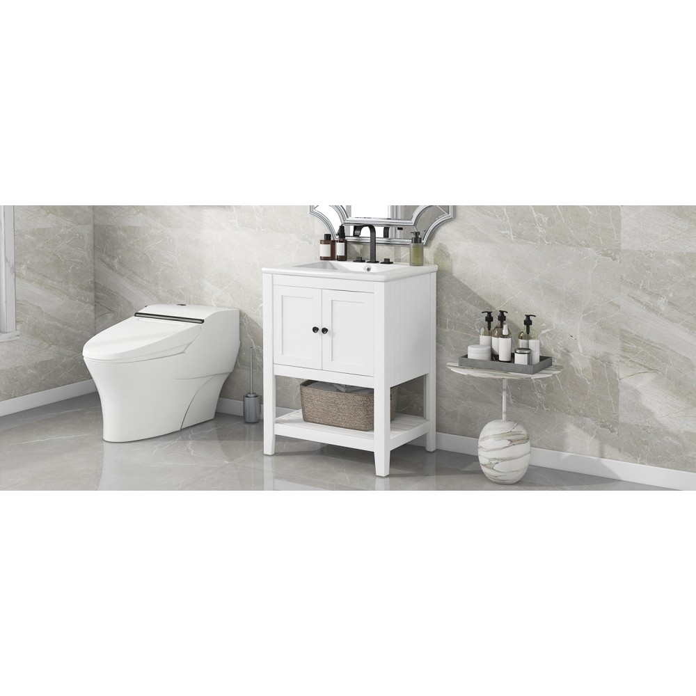 24″ White Bathroom Vanity w/Ceramic Sink & Solid Wood Frame