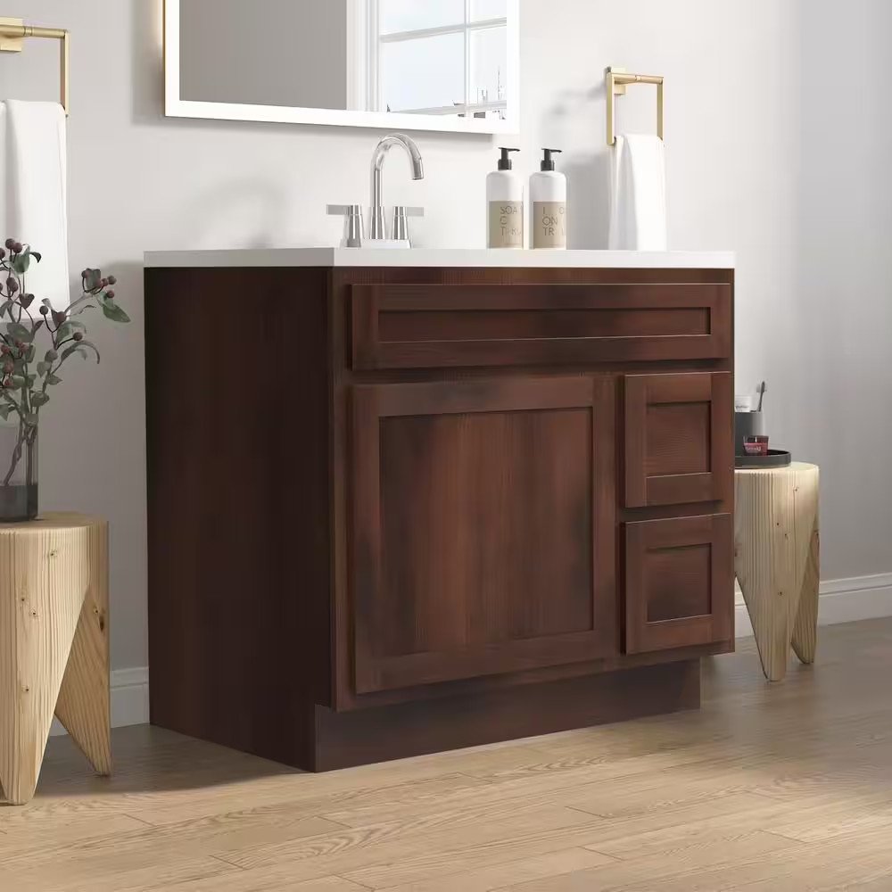 36 In. W X 21 In. D X 32.5 In. H 2-Right Drawers Bath Vanity Cabinet Only in Bro