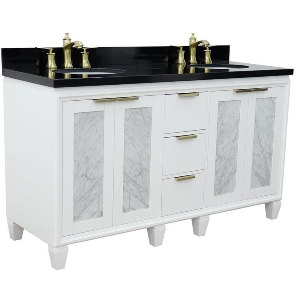 Trento 61″ Double Oval Sink Solid Wood Vanity in White/Black Galaxy