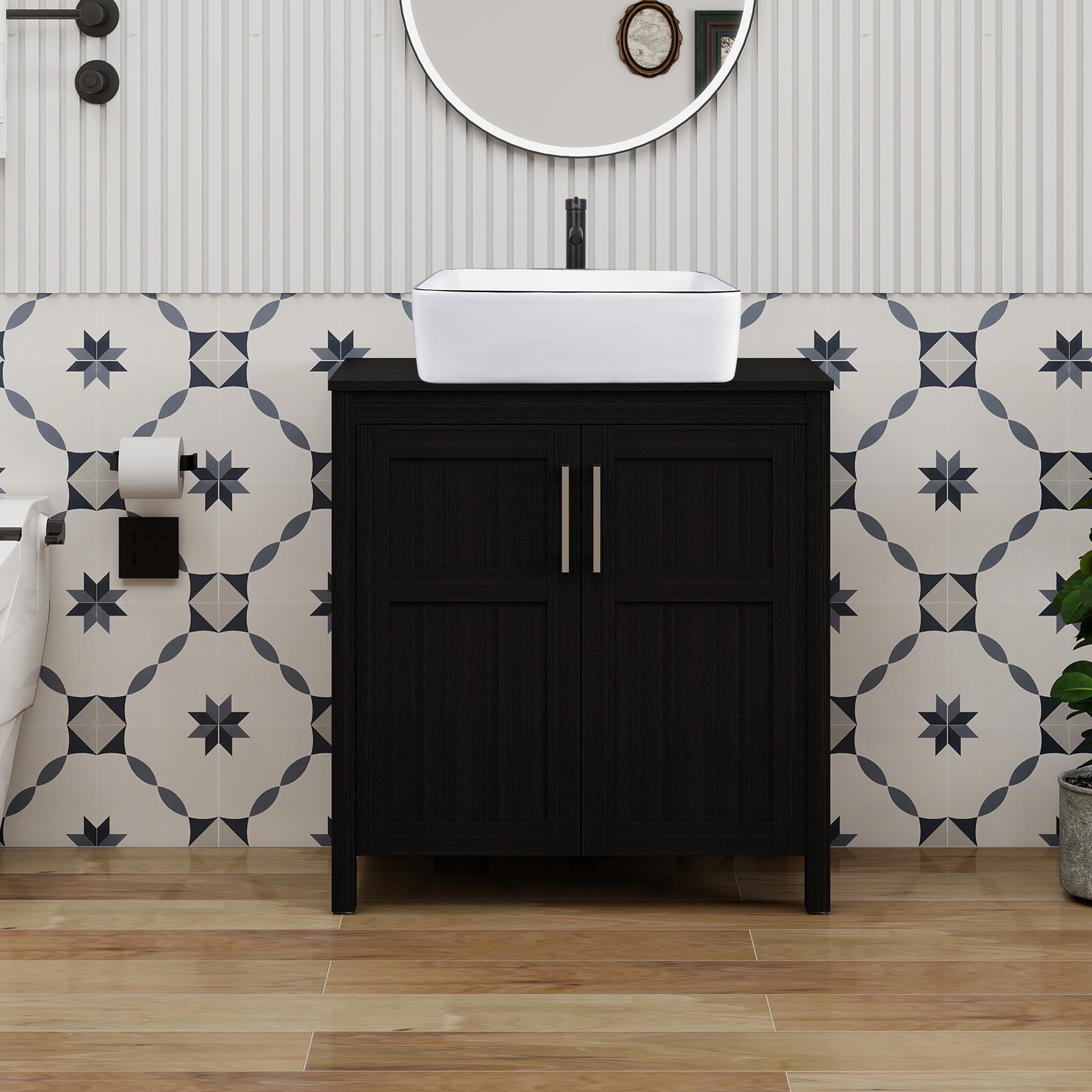 30″ Freestanding Bathroom Vanity w/ Vessel Sink, Pop-Up Drain & Storage Cabinet