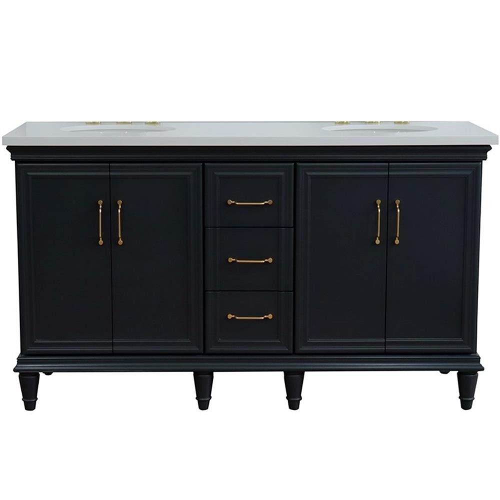 61 in. Double Wooden Vanity Dark Gray White Quartz Oval Sink