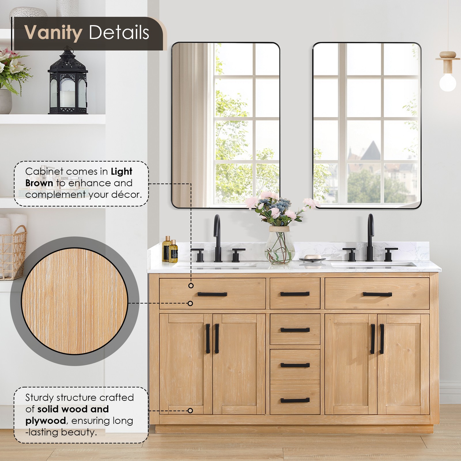 Gavino 60″ Wood Vanity in Light Brown with Composite Stone Top no Mirror
