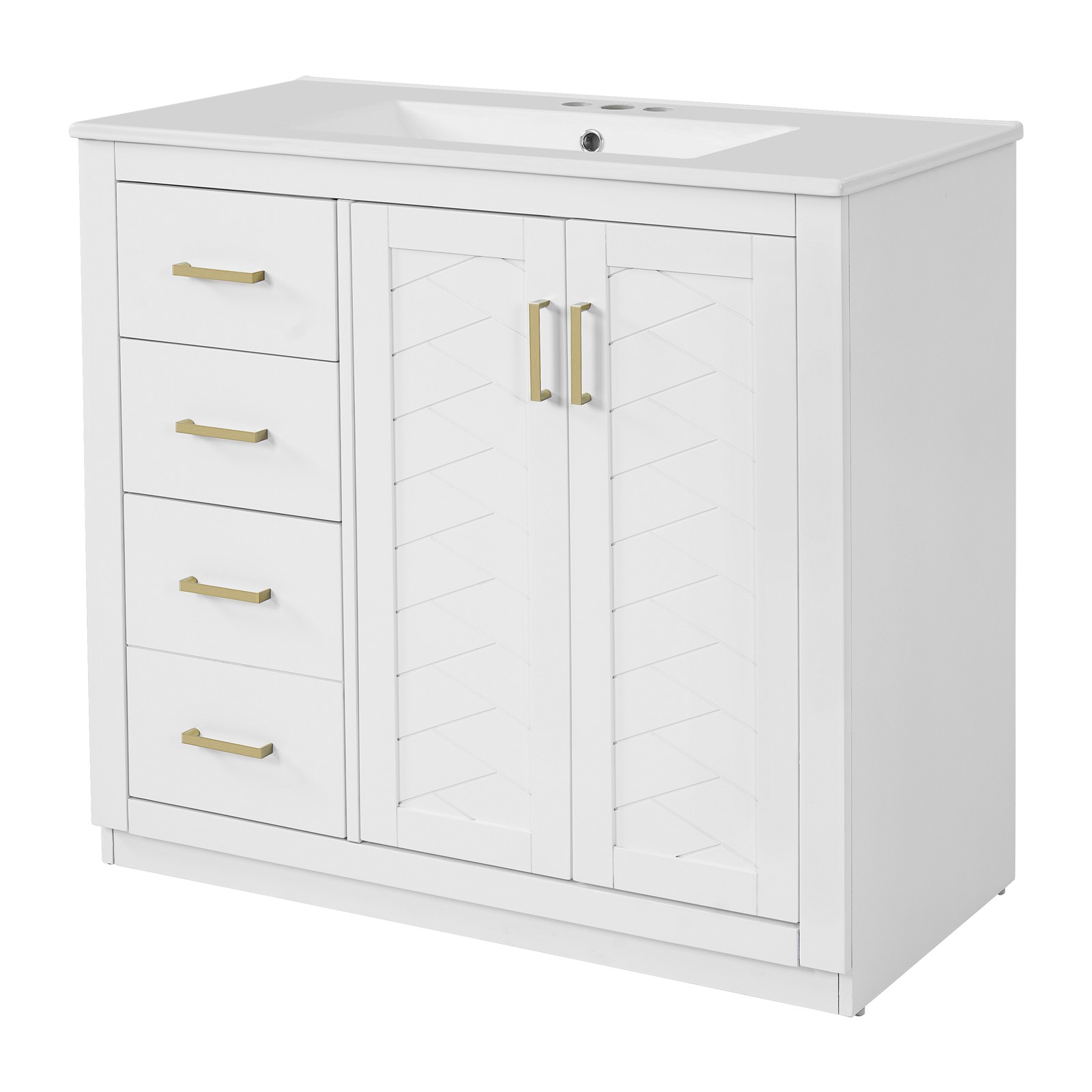 36″ Bathroom Vanity with Ceramic Sink, Solid Wood Frame, 3 Drawers & Doors