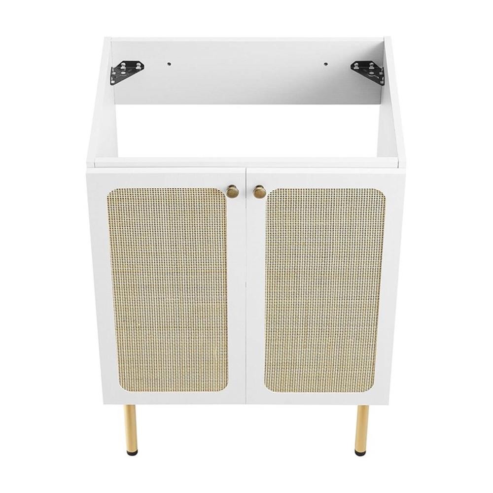 Pemberly Row 24″ Wood & Rattan Bathroom Vanity with Adjustable Shelf in White