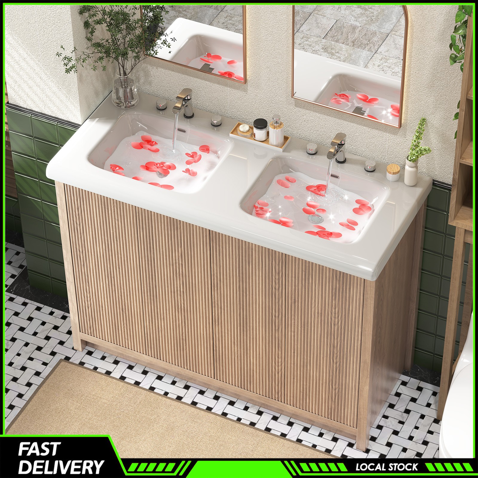 47″ Bathroom Vanity Double Ceramic Sink Freestanding Cabinet Storage With Door