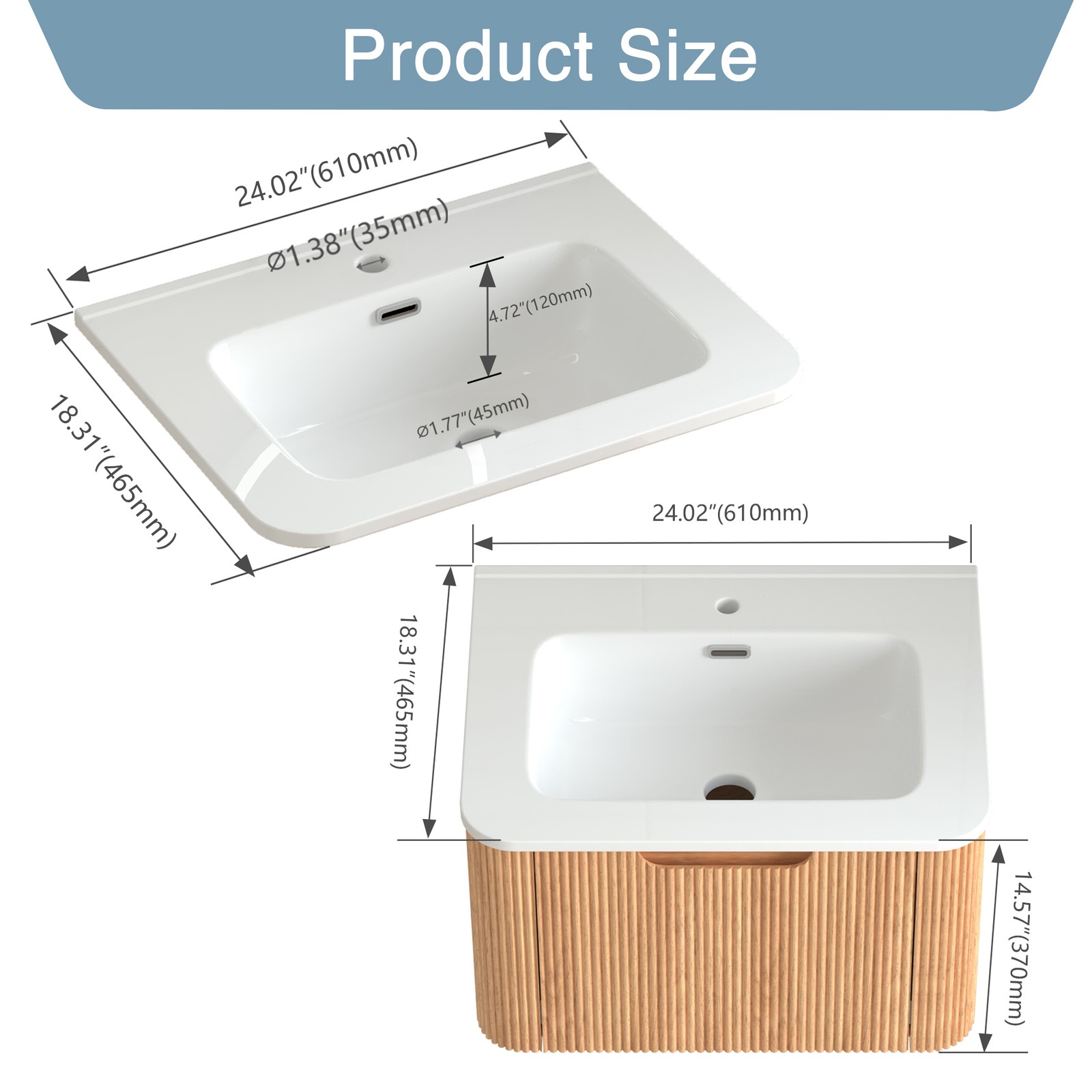 24″ Wall-Mounted Floating Bathroom Vanity with Ceramic Basin in Walnut